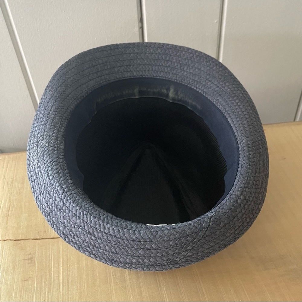 $10 SALE Beach Fedora Dark Blue Gray Striped Band Straw Unisex Short Brim Hat - Picture 7 of 10